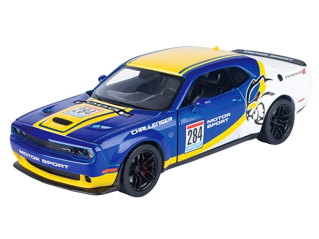2018 Dodge Challenger SRT Hellcat Widebody #284 Blue Metallic and White with Yellow Graphics “GT Racing” Series 1/24 Diecast Model Car by Motormax