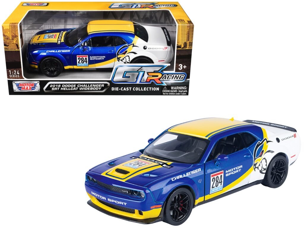 2018 Dodge Challenger SRT Hellcat Widebody #284 Blue Metallic and White with Yellow Graphics “GT Racing” Series 1/24 Diecast Model Car by Motormax