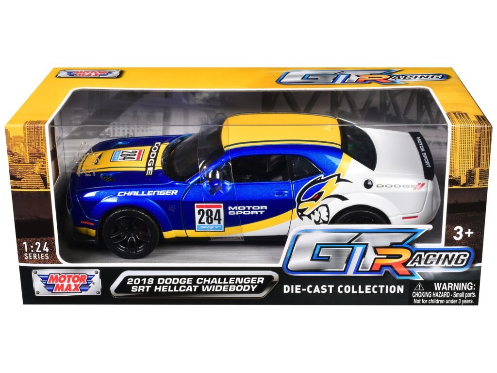 2018 Dodge Challenger SRT Hellcat Widebody #284 Blue Metallic and White with Yellow Graphics “GT Racing” Series 1/24 Diecast Model Car by Motormax