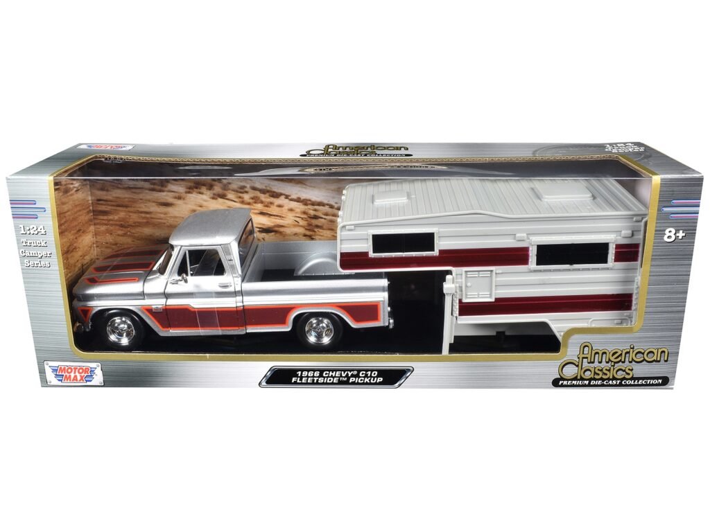 1966 Chevrolet C10 Fleetside Pickup Truck Silver Metallic with Brown Sides with Camper Shell “American Classics” Series 1/24 Diecast Model Car by Motormax