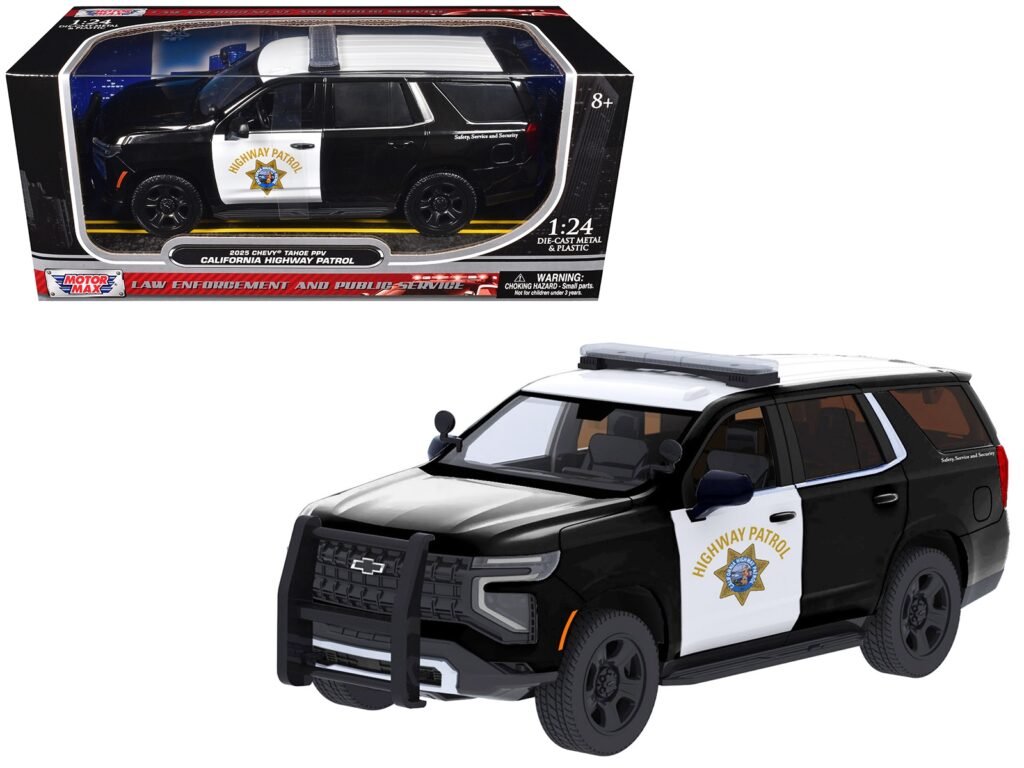 2025 Chevrolet Tahoe Police Pursuit Vehicle “California Highway Patrol” Black and White “Law Enforcement and Public Service” Series 1/24 Diecast Model Car by Motormax