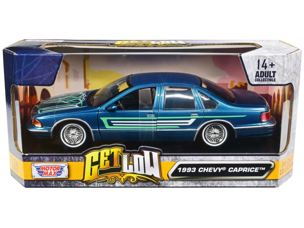 1993 Chevrolet Caprice Lowrider Blue Metallic with Graphics “Get Low” Series 1/24 Diecast Model Car by Motormax