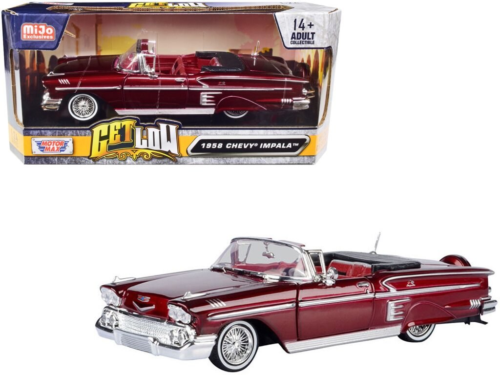 1958 Chevrolet Impala Convertible Lowrider Dark Red Metallic with Red Interior “Get Low” Series 1/24 Diecast Model Car by Motormax