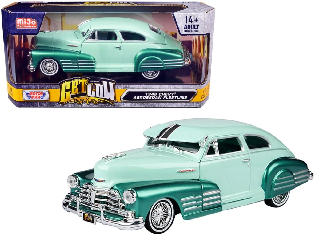 1948 Chevrolet Aerosedan Fleetside Lowrider Pastel Green and Green Metallic Two-Tone “Get Low” Series 1/24 Diecast Model Car by Motormax