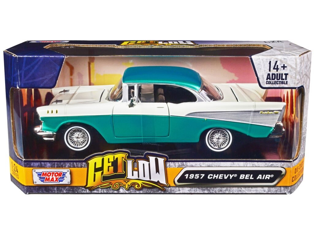 1957 Chevrolet Bel Air Lowrider Turquoise Metallic and White “Get Low” Series 1/24 Diecast Model Car by Motormax