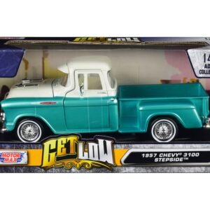 1957 Chevrolet 3100 Stepside Pickup Truck Lowrider Turquoise Metallic and White with White Interior "Get Low" Series 1/24 Diecast Model Car by Motormax