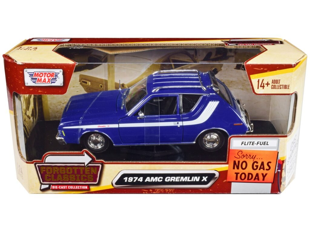 1974 AMC Gremlin X Blue with White Stripes and Roof Rack “Forgotten Classics” Series 1/24 Diecast Model Car by Motormax