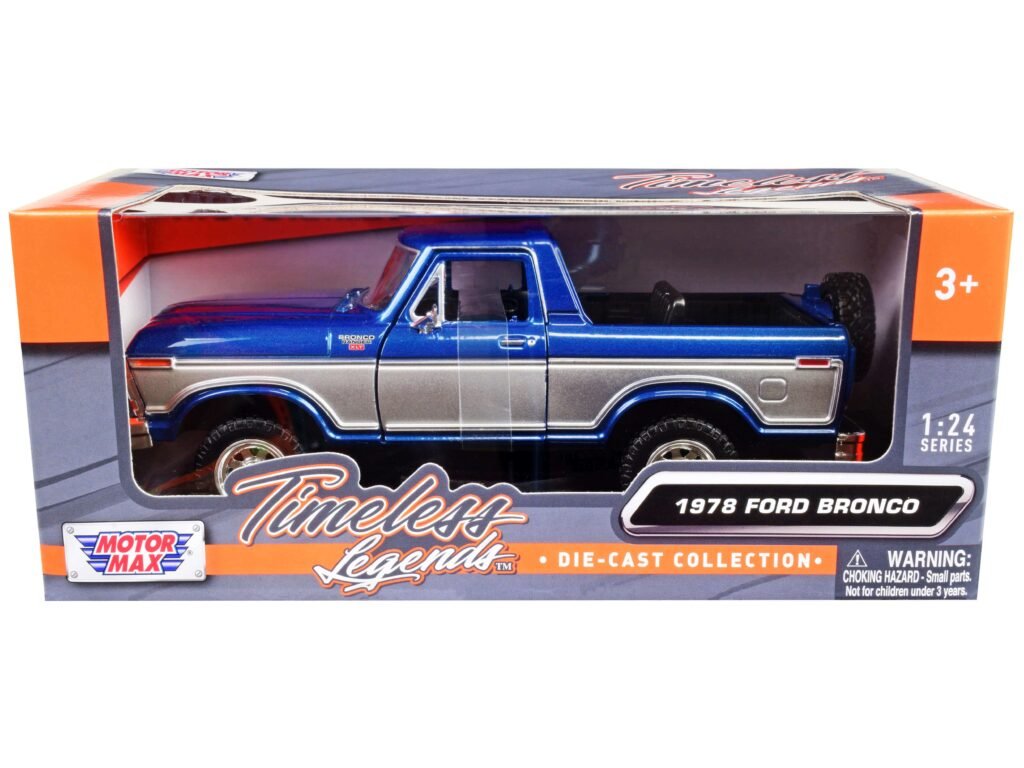 1978 Ford Bronco Ranger XLT (Open Top) with Spare Tire Blue Metallic and Silver “Timeless Legends” Series 1/24 Diecast Model Car by Motormax