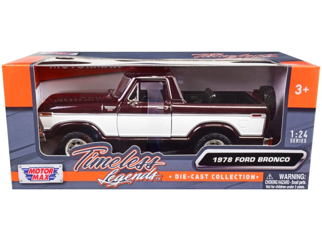 1978 Ford Bronco Ranger XLT (Open Top) with Spare Tire Burgundy Metallic and White “Timeless Legends” Series 1/24 Diecast Model Car by Motormax