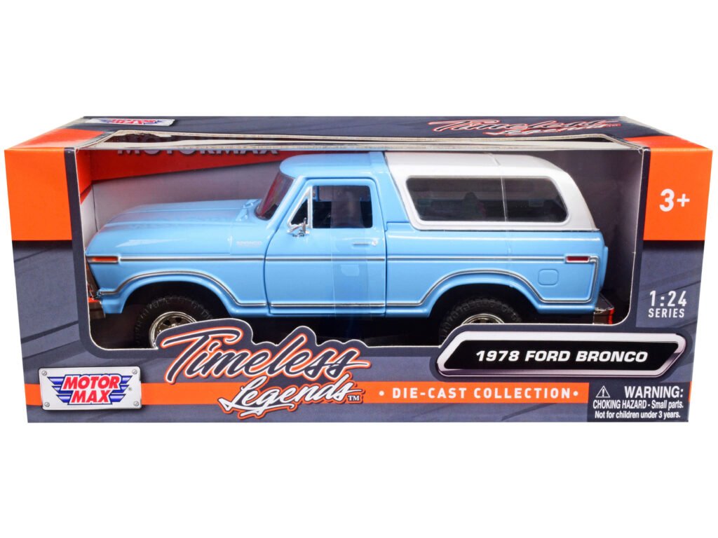 1978 Ford Bronco Custom Light Blue and White “Timeless Legends” Series 1/24 Diecast Model Car by Motormax
