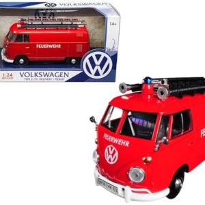 Volkswagen Type 2 (T1) Fire Van "Feuerwehr" Red 1/24 Diecast Model Car by Motormax