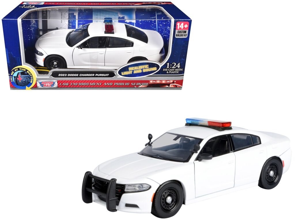 2023 Dodge Charger Pursuit Police Car Unmarked White with Flashing Light Bar Front and Rear Lights and 2 Sounds “Builder’s Kit” 1/24 Diecast Model Car by Motormax