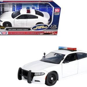 2023 Dodge Charger Pursuit Police Car Unmarked White with Flashing Light Bar Front and Rear Lights and 2 Sounds "Builder's Kit" 1/24 Diecast Model Car by Motormax