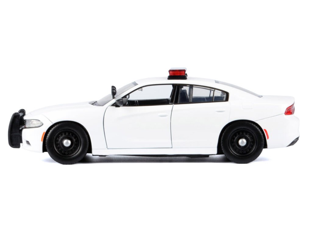 2023 Dodge Charger Pursuit Police Car Unmarked White with Flashing Light Bar Front and Rear Lights and 2 Sounds “Builder’s Kit” 1/24 Diecast Model Car by Motormax
