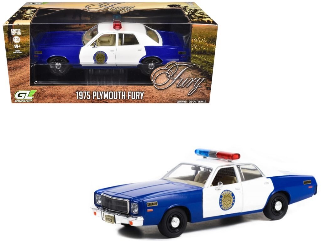 1975 Plymouth Fury “Osage County Sheriff” Blue and White 1/24 Diecast Model Car by Greenlight