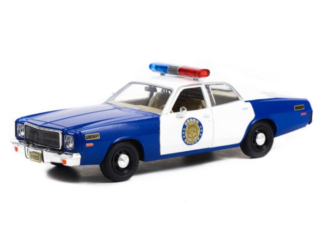 1975 Plymouth Fury “Osage County Sheriff” Blue and White 1/24 Diecast Model Car by Greenlight