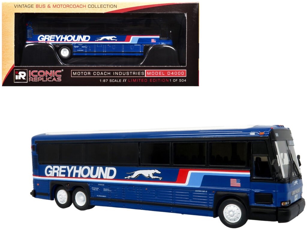 2001 MCI D4000 Coach Bus “Greyhound” Blue with Stripes “Vintage Bus & Motorcoach Collection” Limited Edition to 504 pieces Worldwide 1/87 (HO) Diecast Model by Iconic Replicas