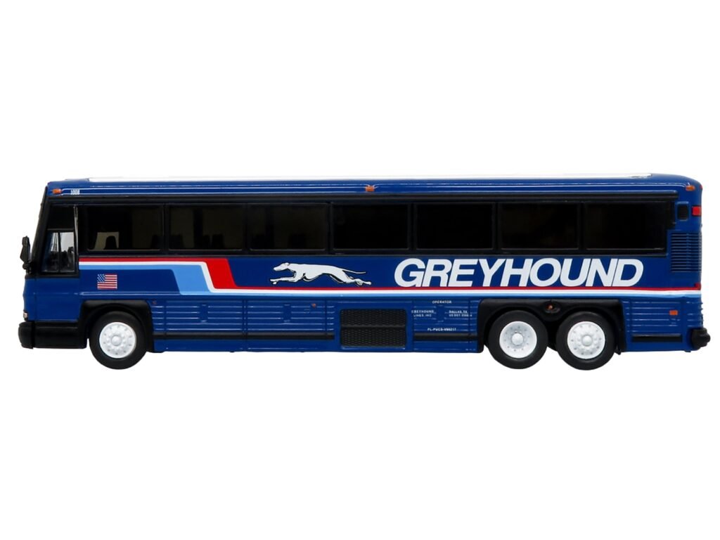 2001 MCI D4000 Coach Bus “Greyhound” Blue with Stripes “Vintage Bus & Motorcoach Collection” Limited Edition to 504 pieces Worldwide 1/87 (HO) Diecast Model by Iconic Replicas