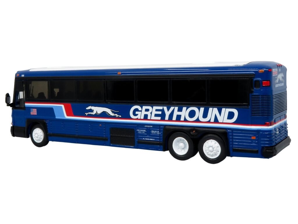 2001 MCI D4000 Coach Bus “Greyhound” Blue with Stripes “Vintage Bus & Motorcoach Collection” Limited Edition to 504 pieces Worldwide 1/87 (HO) Diecast Model by Iconic Replicas