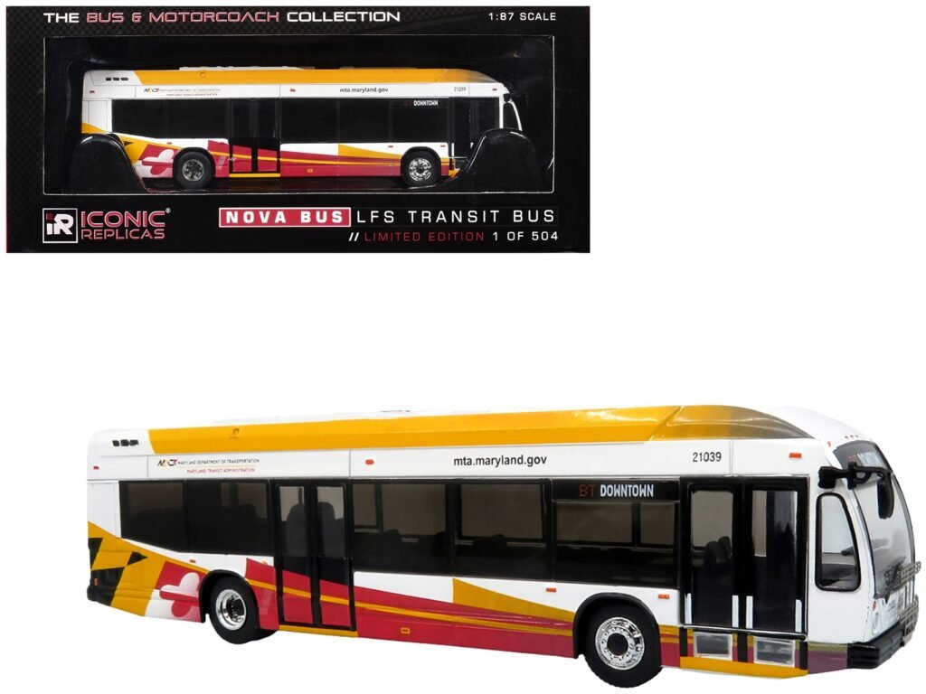 Nova Bus LFSH Hybrid Transit Bus “MTA Maryland” White with Red and Yellow Graphics “The Bus & Motorcoach Collection” Limited Edition to 504 pieces Worldwide 1/87 (HO) Diecast Model by Iconic Replicas