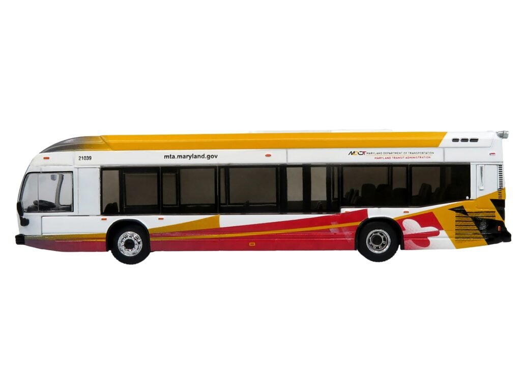 Nova Bus LFSH Hybrid Transit Bus “MTA Maryland” White with Red and Yellow Graphics “The Bus & Motorcoach Collection” Limited Edition to 504 pieces Worldwide 1/87 (HO) Diecast Model by Iconic Replicas