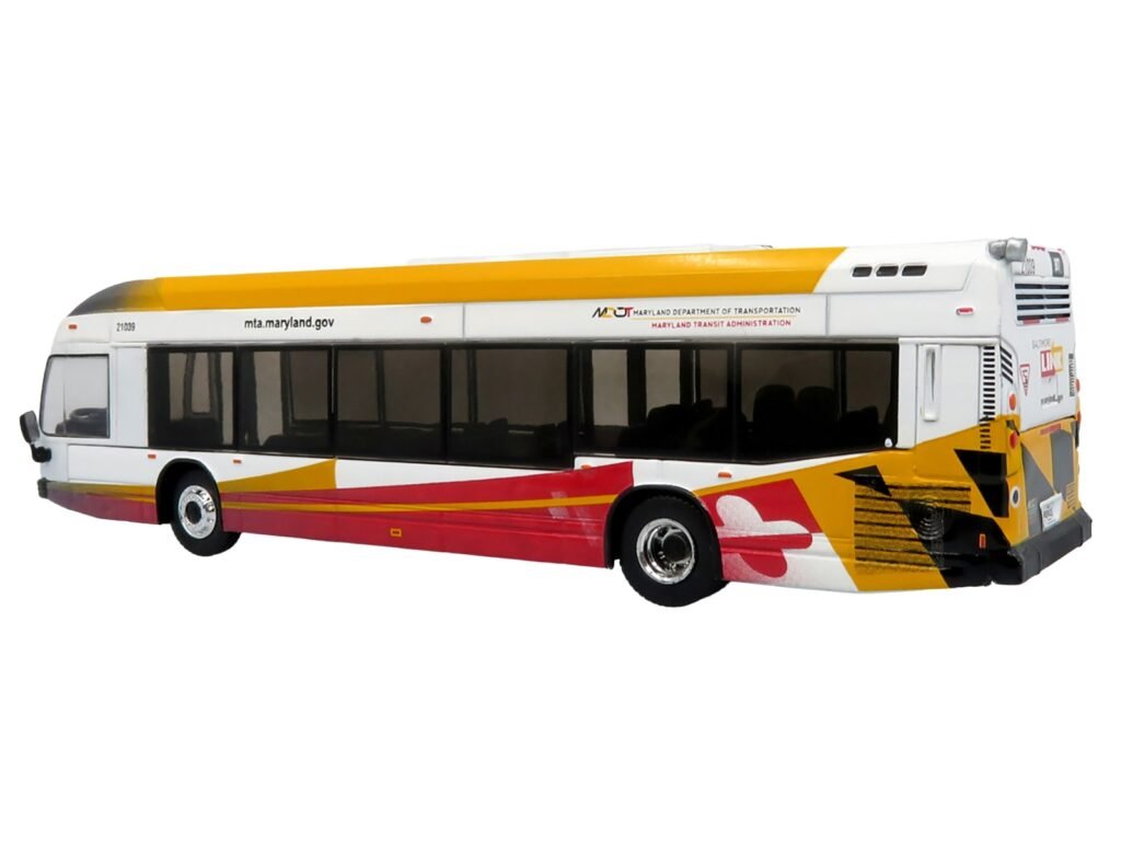 Nova Bus LFSH Hybrid Transit Bus “MTA Maryland” White with Red and Yellow Graphics “The Bus & Motorcoach Collection” Limited Edition to 504 pieces Worldwide 1/87 (HO) Diecast Model by Iconic Replicas