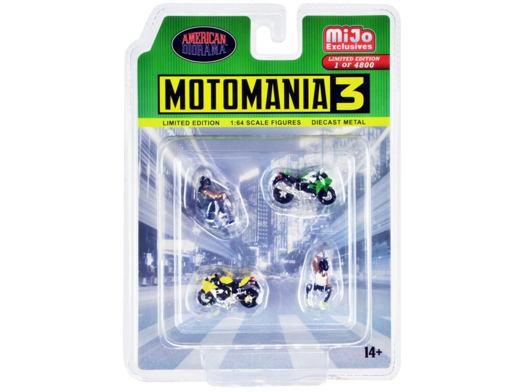 “Motomania 3” 4 piece Diecast Set (2 Figures and 2 Motorcycles) Limited Edition to 4800 pieces Worldwide for 1/64 Scale Models by American Diorama