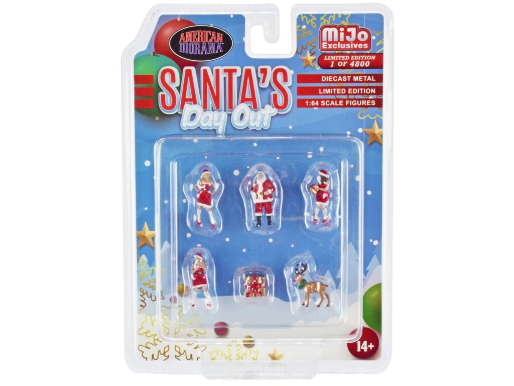 “Santa’s Day Out” 6 piece Diecast Set (1 Male 2 Female 1 Reindeer 1 Present Figures and Accessories) Limited Edition to 4800 pieces Worldwide 1/64 Scale Models by American Diorama