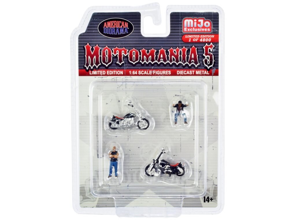 “Motomania 5” 4 piece Diecast Set (2 Figures and 2 Motorcycles) Limited Edition to 4800 pieces Worldwide for 1/64 Scale Models by American Diorama