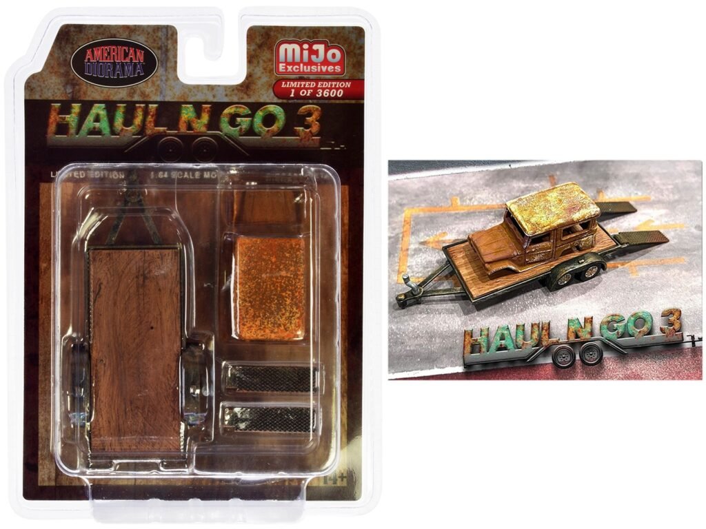 “Haul N Go 3” 4 piece Diecast Model Set (1 Flatbed Trailer 1 Abandoned Car 2 Ramps) Limited Edition to 3600 pieces Worldwide for 1/64 scale models by American Diorama