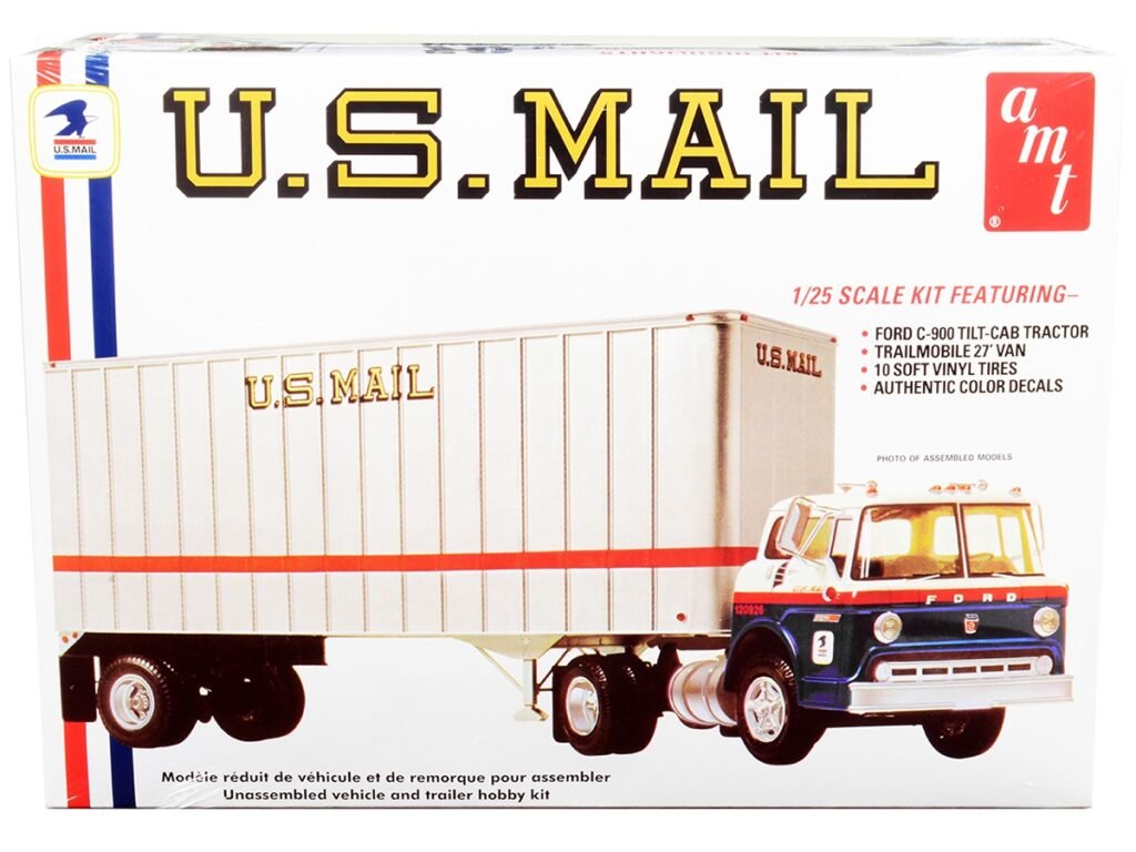Skill 3 Model Kit Ford C900 Truck Tractor with Trailer “U.S. Mail” 1/25 Scale Model by AMT
