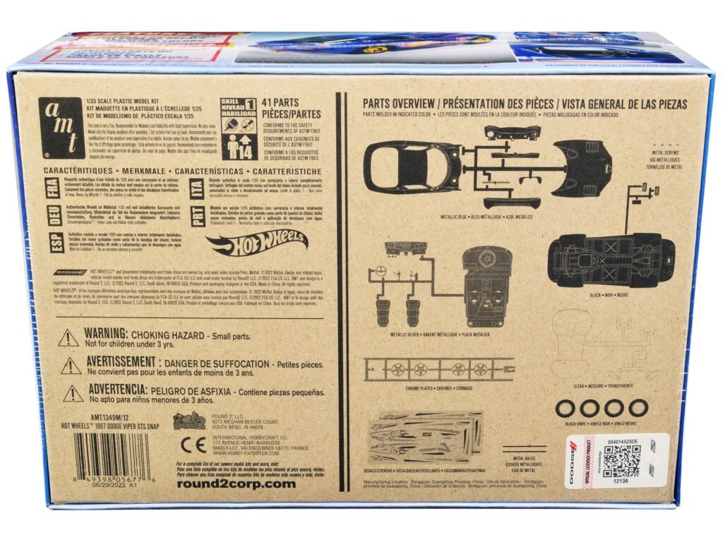 Skill 1 Snap Model Kit 1997 Dodge Viper GTS “Hot Wheels” 1/25 Scale Model by AMT
