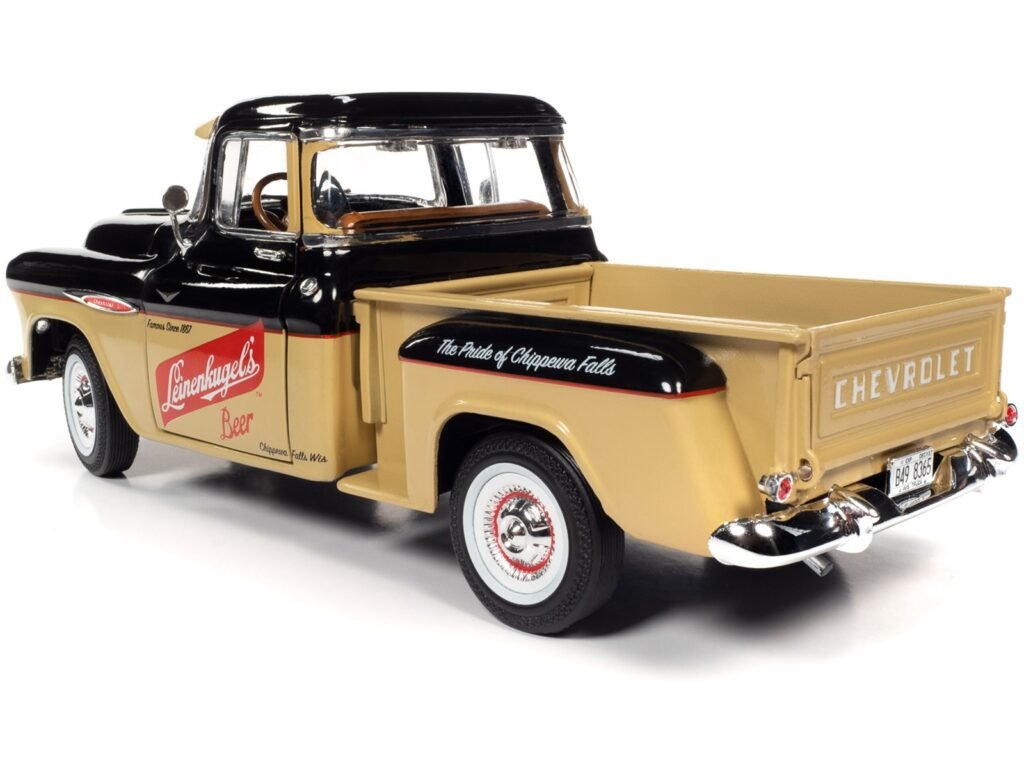 1957 Chevrolet 3100 Stepside Pickup Truck Black and Tan with Graphics “Leinenkugle’s Beer The Pride of Chippewa Falls” 1/18 Diecast Model by Auto World