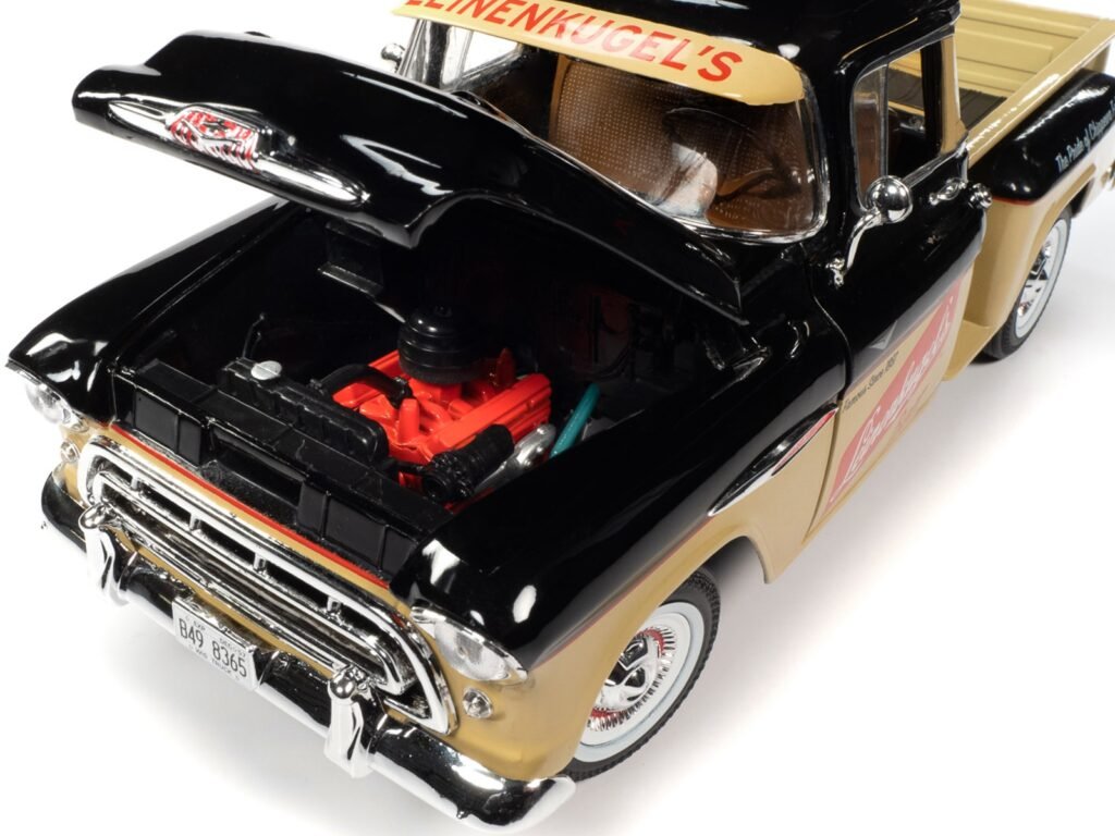 1957 Chevrolet 3100 Stepside Pickup Truck Black and Tan with Graphics “Leinenkugle’s Beer The Pride of Chippewa Falls” 1/18 Diecast Model by Auto World