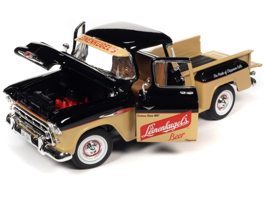 1957 Chevrolet 3100 Stepside Pickup Truck Black and Tan with Graphics “Leinenkugle’s Beer The Pride of Chippewa Falls” 1/18 Diecast Model by Auto World
