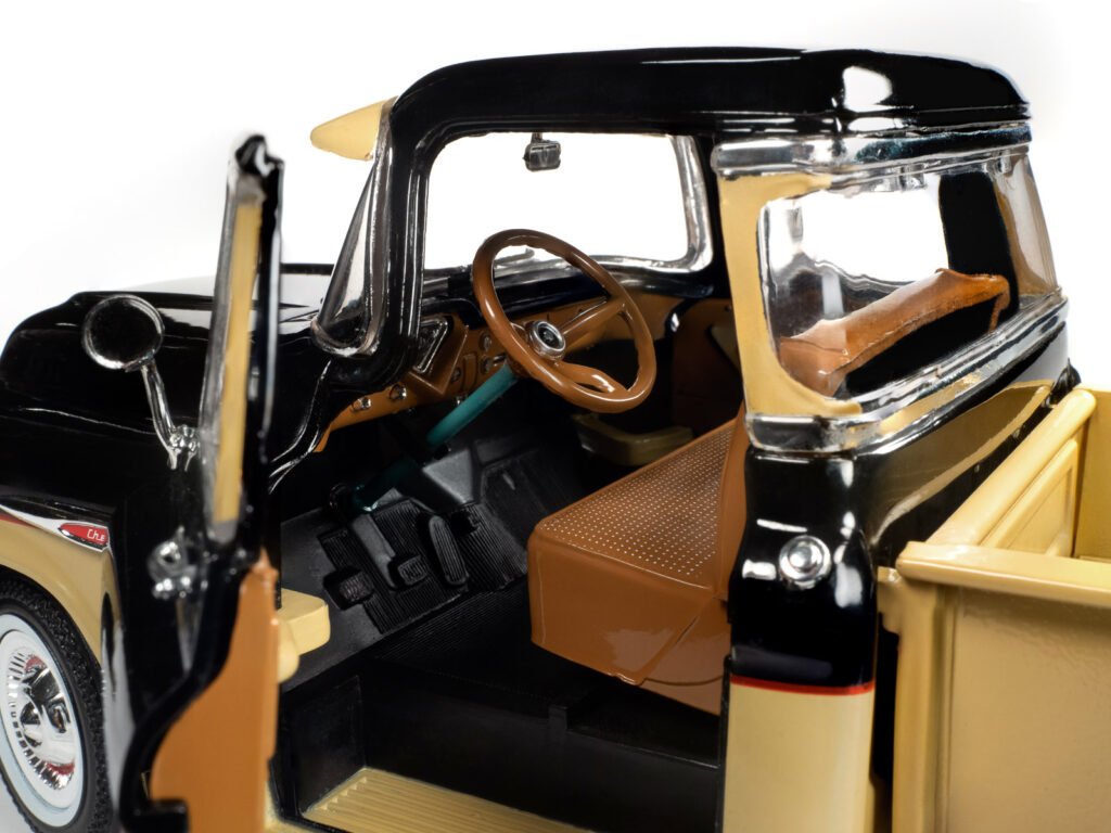 1957 Chevrolet 3100 Stepside Pickup Truck Black and Tan with Graphics “Leinenkugle’s Beer The Pride of Chippewa Falls” 1/18 Diecast Model by Auto World