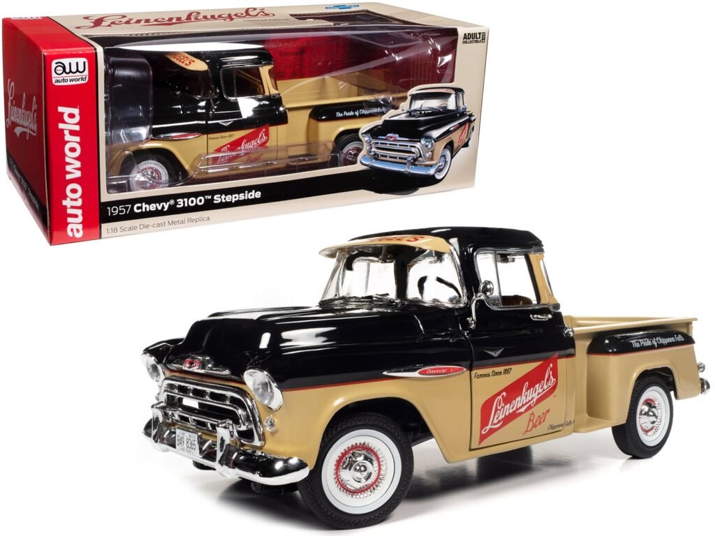 1957 Chevrolet 3100 Stepside Pickup Truck Black and Tan with Graphics “Leinenkugle’s Beer The Pride of Chippewa Falls” 1/18 Diecast Model by Auto World