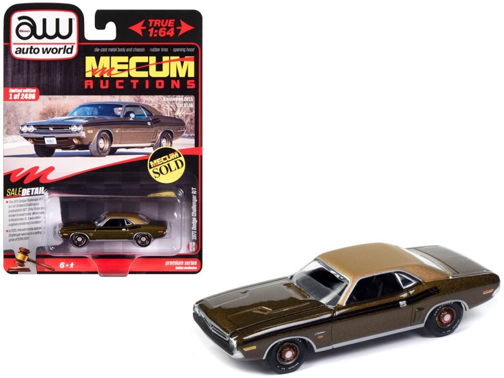 1971 Dodge Challenger R/T Dark Gold Metallic with Gold Vinyl Roof “Mecum Auctions” Limited Edition to 2496 pieces Worldwide “Premium” Series 1/64 Diecast Model Car by Auto World