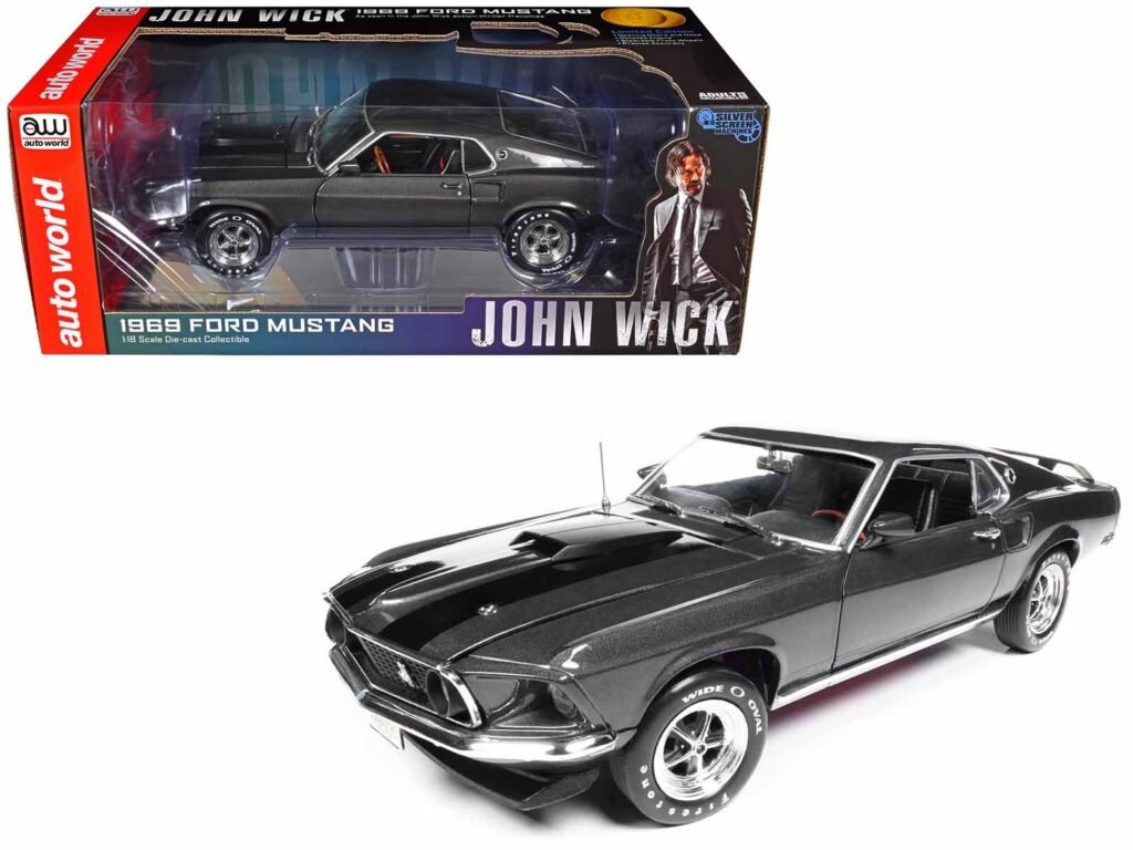 1969 Ford Mustang Dark Gray Metallic with Black Stripes “John Wick” (2014) Movie “Silver Screen Machines” Series 1/18 Diecast Model Car by Auto World