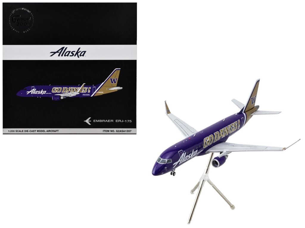 Embraer ERJ-175 Commercial Aircraft “Alaska Airlines/Horizon – University of Washington Huskies” (N662QX) Purple with Gold Tail “Gemini 200” Series 1/200 Diecast Model Airplane by GeminiJetsG2ASA1287