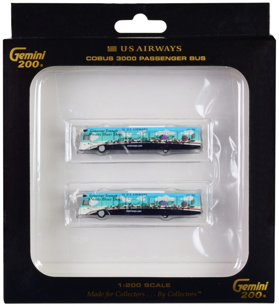 Cobus 3000 Passenger Bus White and Blue with Graphics “US Airways Shuttle Bus – Greener Transit” 2 Piece Set “Gemini 200” Series Diecast Models by GeminiJets