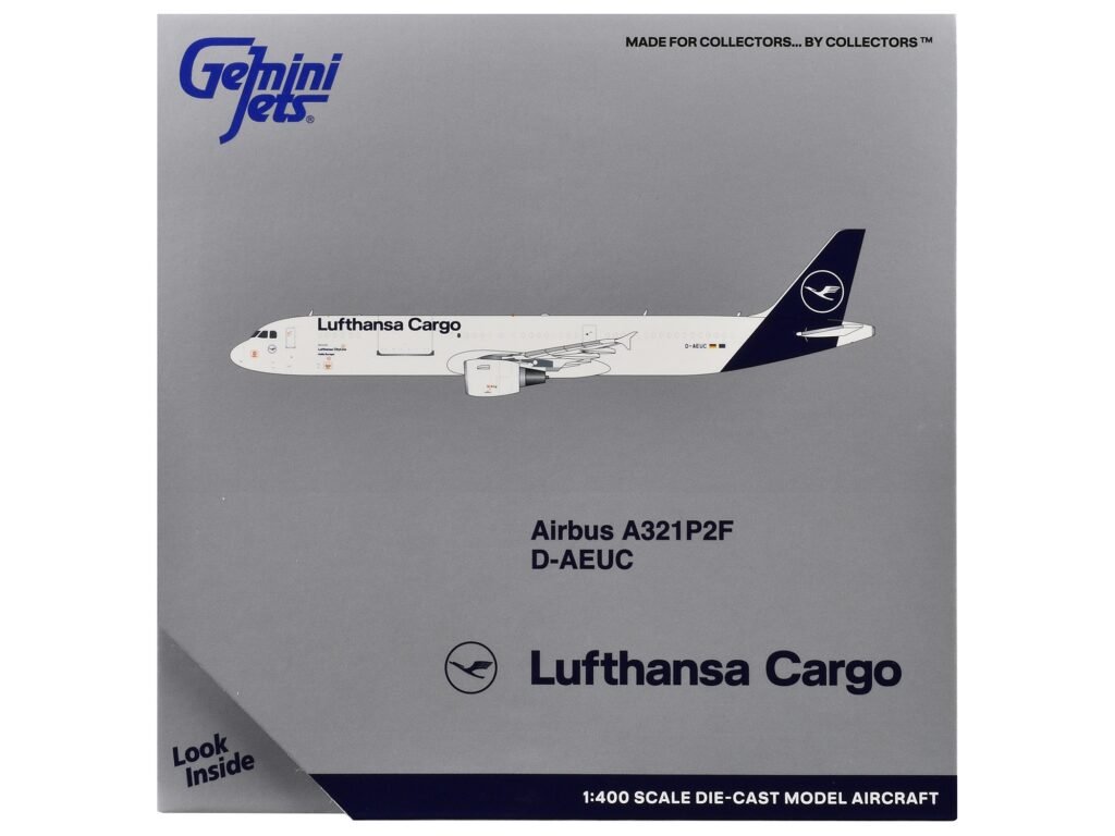 Airbus A321P2F Commercial Aircraft “Lufthansa Cargo” (D-AEUC) White with Blue Tail 1/400 Diecast Model Airplane by GeminiJets