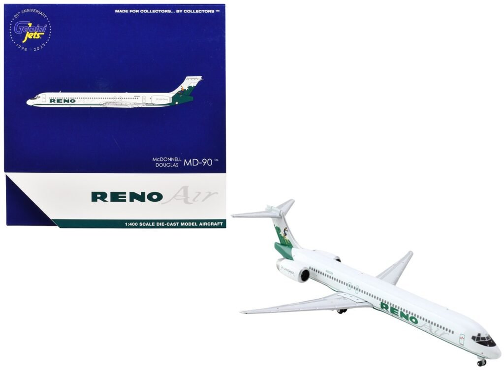 McDonnell Douglas MD-90 Commercial Aircraft “Reno Air” (N905RA) White with Green Tail 1/400 Diecast Model Airplane by GeminiJets