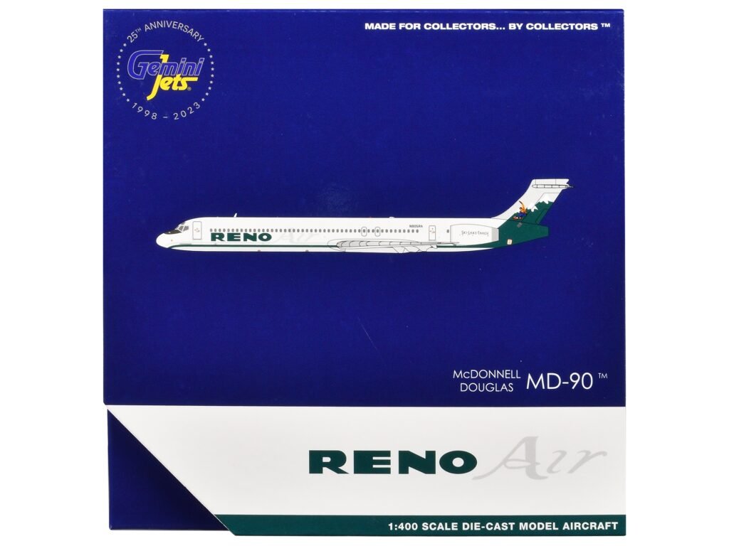 McDonnell Douglas MD-90 Commercial Aircraft “Reno Air” (N905RA) White with Green Tail 1/400 Diecast Model Airplane by GeminiJets