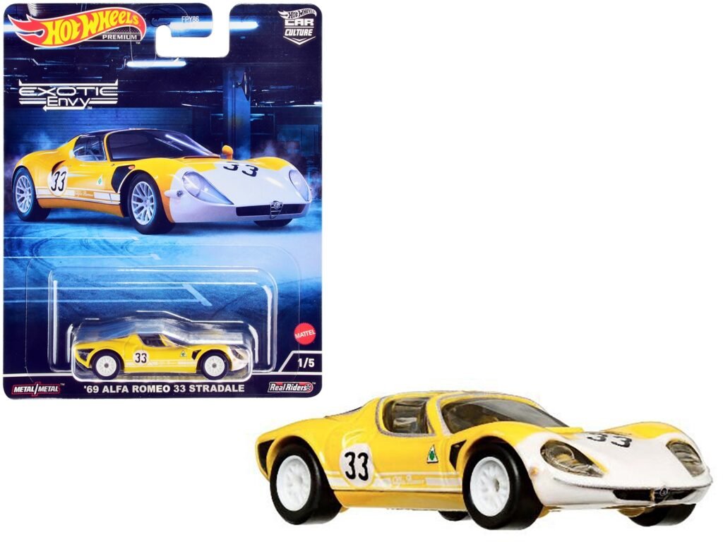 1969 Alfa Romeo 33 Stradale #33 Yellow and White “Exotic Envy” Series Diecast Model Car by Hot Wheels