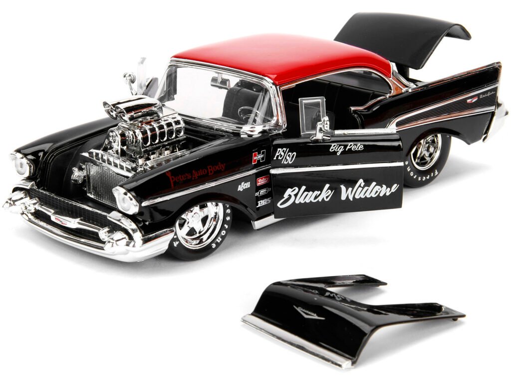 1957 Chevrolet Bel Air Black with Red Top “Pete’s Auto Body: Black Widow” “Bigtime Muscle” Series 1/24 Diecast Model Car by Jada