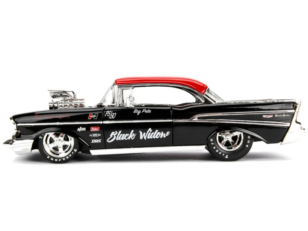 1957 Chevrolet Bel Air Black with Red Top “Pete’s Auto Body: Black Widow” “Bigtime Muscle” Series 1/24 Diecast Model Car by Jada