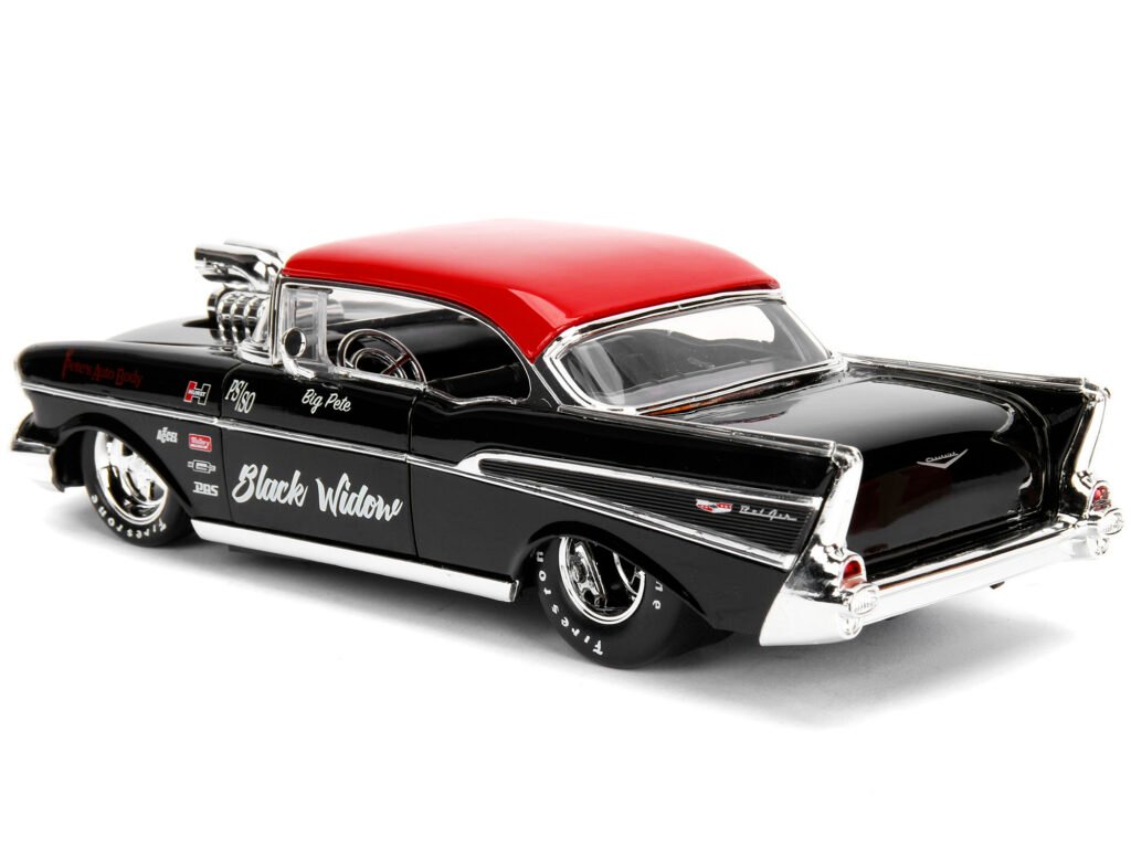 1957 Chevrolet Bel Air Black with Red Top “Pete’s Auto Body: Black Widow” “Bigtime Muscle” Series 1/24 Diecast Model Car by Jada