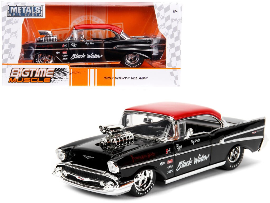 1957 Chevrolet Bel Air Black with Red Top “Pete’s Auto Body: Black Widow” “Bigtime Muscle” Series 1/24 Diecast Model Car by Jada
