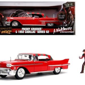 1958 Cadillac Series 62 Red with Freddy Krueger Diecast Figurine "A Nightmare on Elm Street" Movie 1/24 Diecast Model Car by Jada